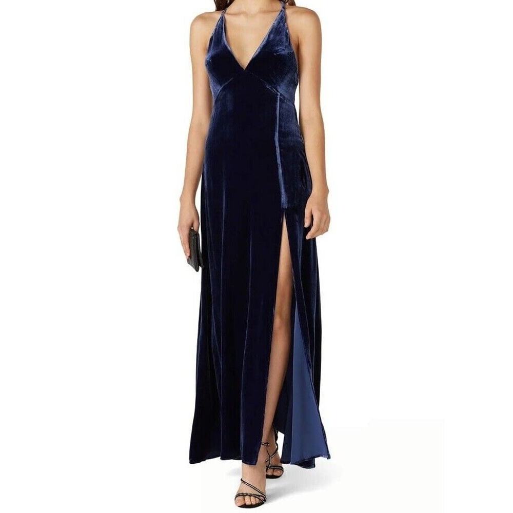 RTR sz small Neon Blonde velvet blue Vapour high slit v neck maxi dress solid